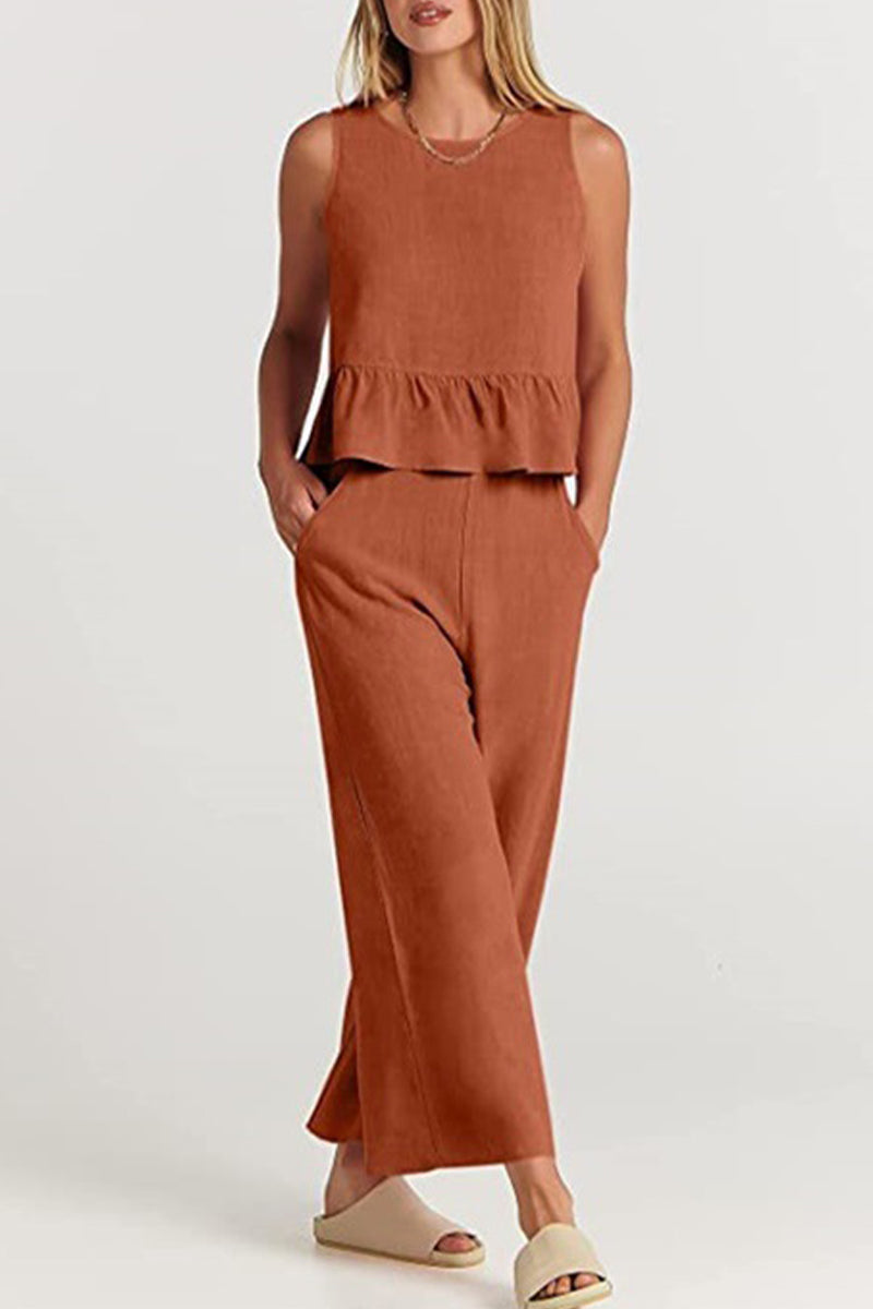 Simplicity Pocket Buttons O Neck Sleeveless Two Pieces