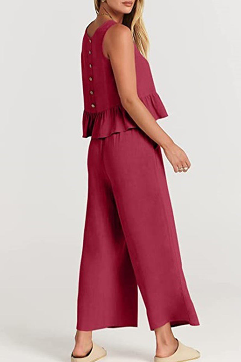 Simplicity Pocket Buttons O Neck Sleeveless Two Pieces
