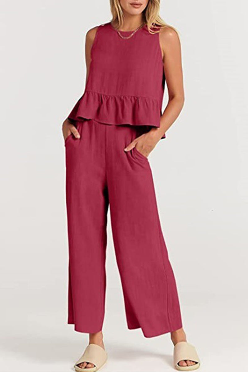 Simplicity Pocket Buttons O Neck Sleeveless Two Pieces