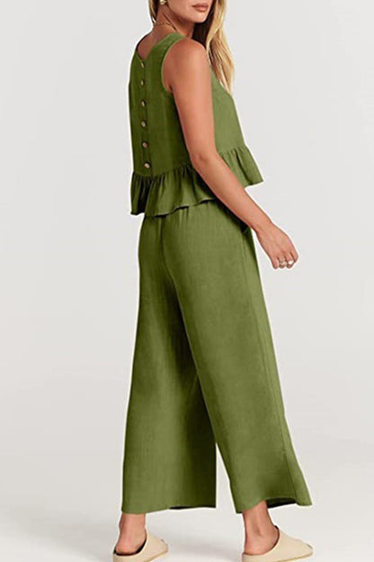 Simplicity Pocket Buttons O Neck Sleeveless Two Pieces