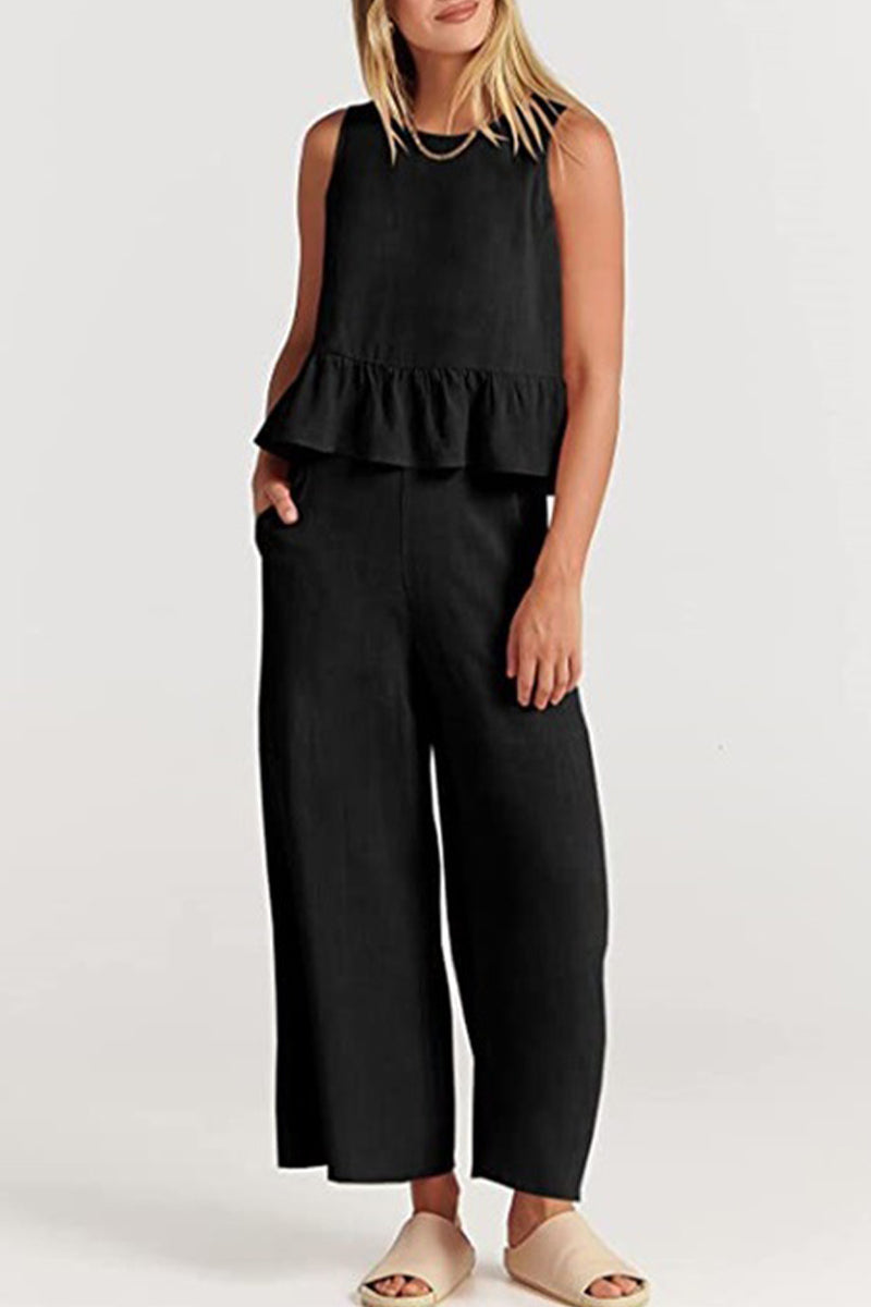 Simplicity Pocket Buttons O Neck Sleeveless Two Pieces