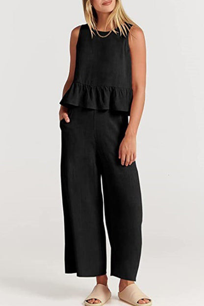 Simplicity Pocket Buttons O Neck Sleeveless Two Pieces