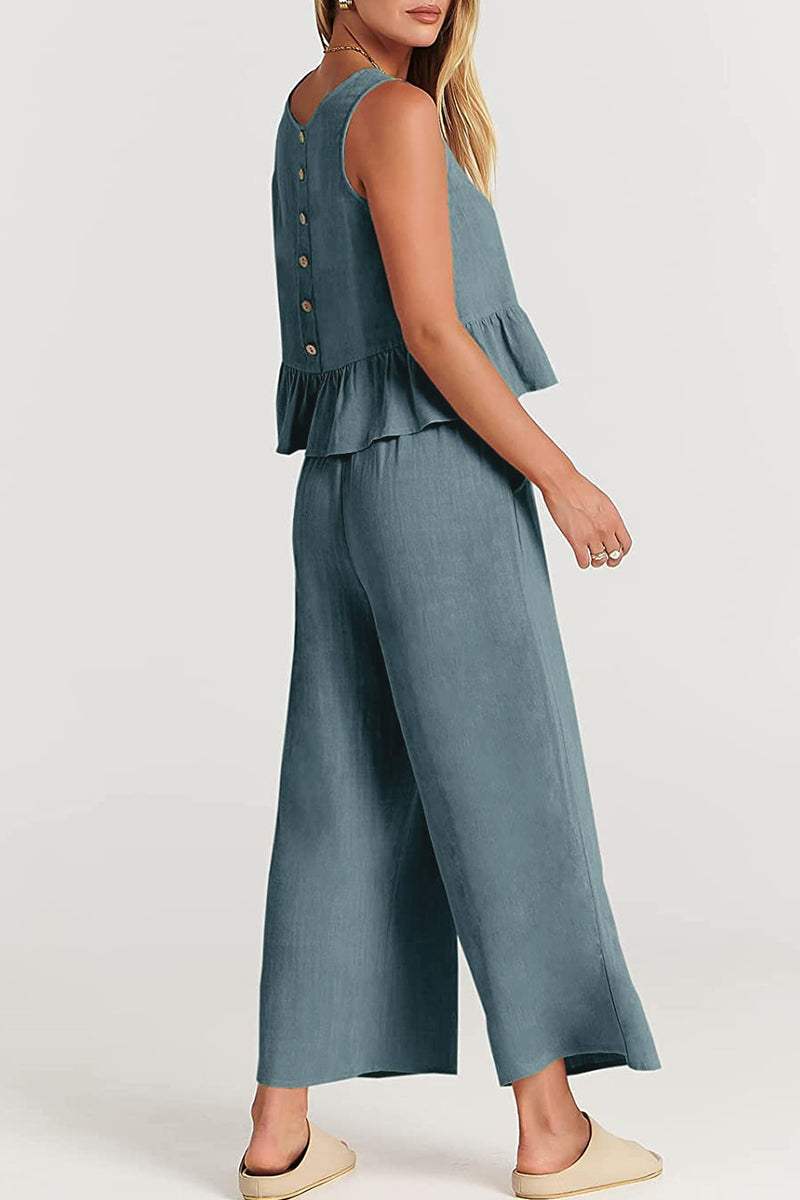 Simplicity Pocket Buttons O Neck Sleeveless Two Pieces