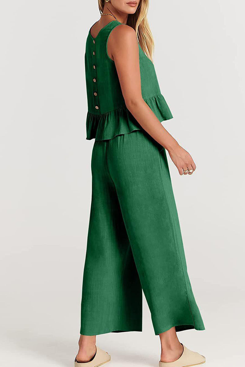Simplicity Pocket Buttons O Neck Sleeveless Two Pieces
