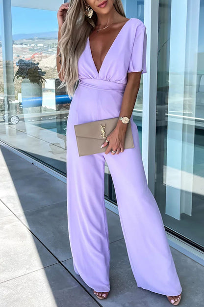 Color V Neck Regular Jumpsuits