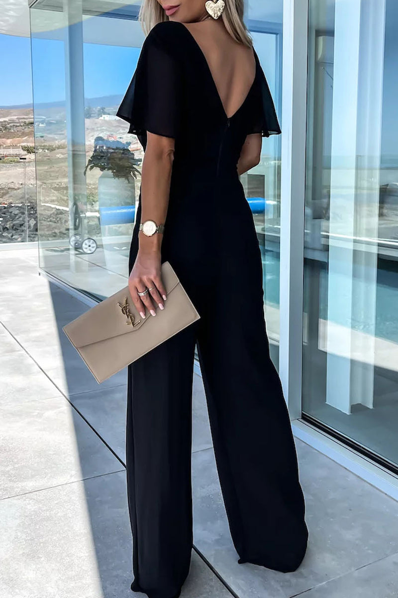 Color V Neck Regular Jumpsuits