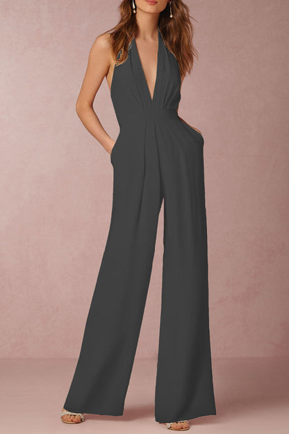 Backless Fold V Neck Regular Jumpsuits(12 Colors)