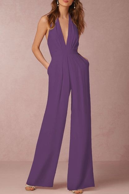 Backless Fold V Neck Regular Jumpsuits(12 Colors)