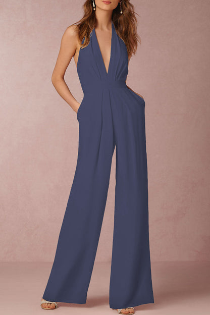 Backless Fold V Neck Regular Jumpsuits(12 Colors)