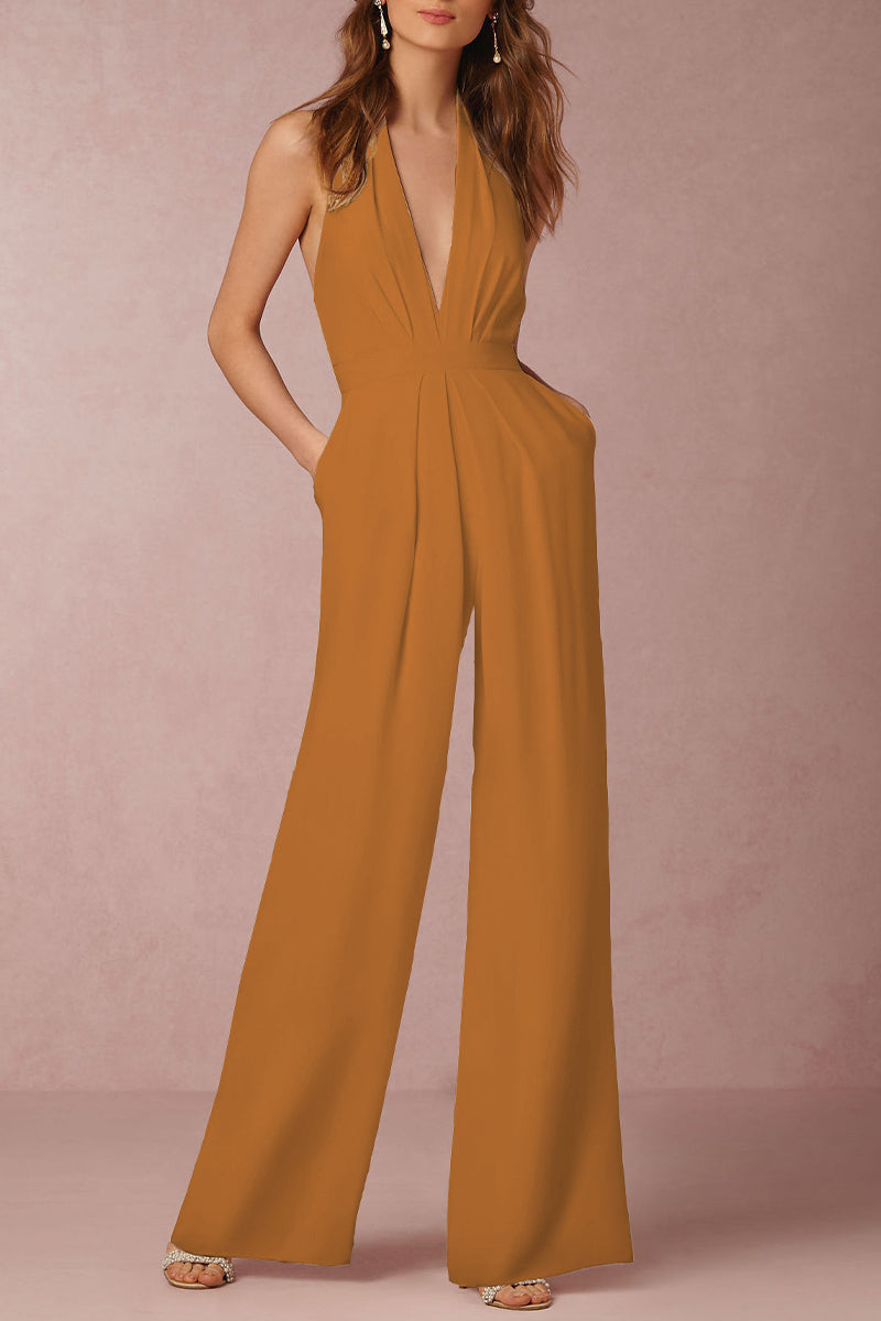 Backless Fold V Neck Regular Jumpsuits(12 Colors)