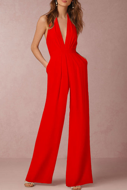 Backless Fold V Neck Regular Jumpsuits(12 Colors)