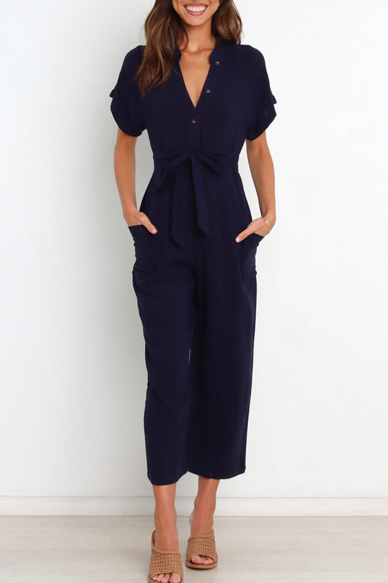Simplicity Pocket Frenulum V Neck Regular Jumpsuits(3 Colors)