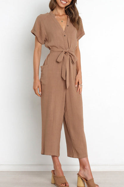 Simplicity Pocket Frenulum V Neck Regular Jumpsuits(3 Colors)