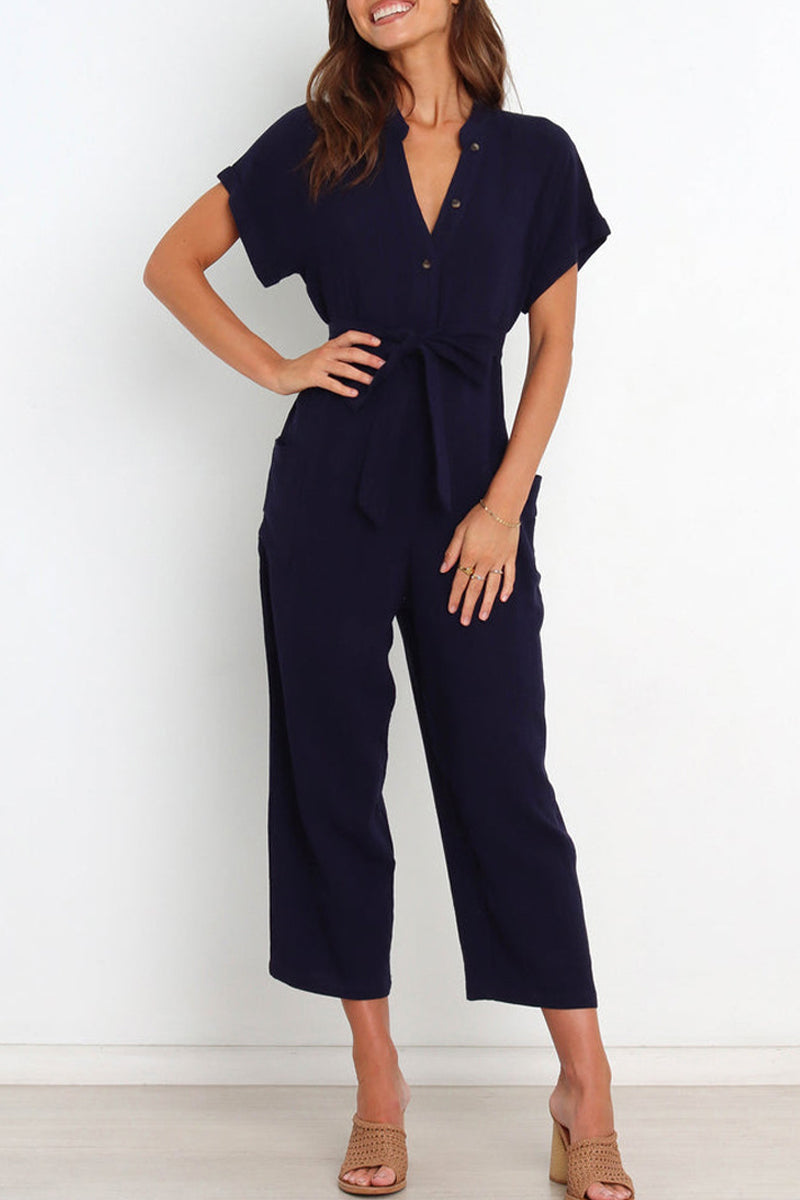 Simplicity Pocket Frenulum V Neck Regular Jumpsuits(3 Colors)