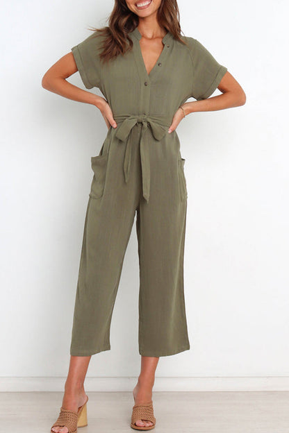 Simplicity Pocket Frenulum V Neck Regular Jumpsuits(3 Colors)