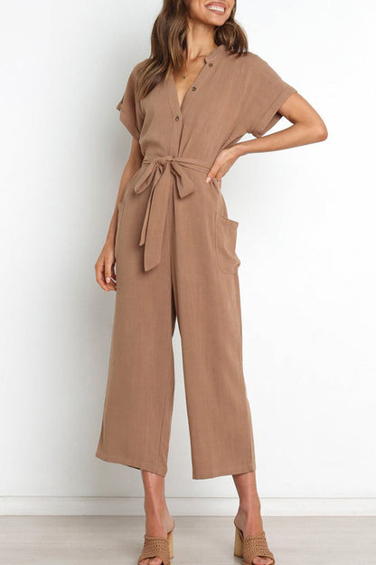 Simplicity Pocket Frenulum V Neck Regular Jumpsuits(3 Colors)