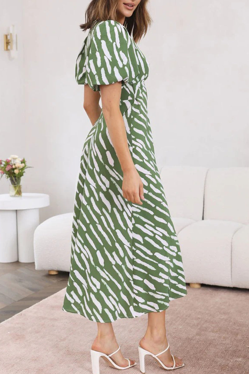 Sweet Geometric Patchwork V Neck Waist Skirt Dresses