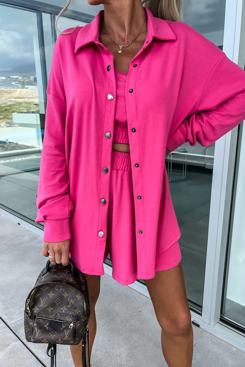 Vacation Pocket Turndown Collar Long Sleeve Two Pieces