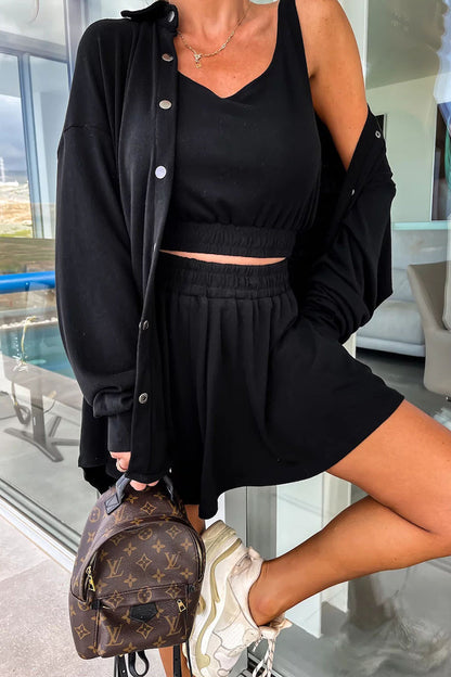 Vacation Pocket Turndown Collar Long Sleeve Two Pieces