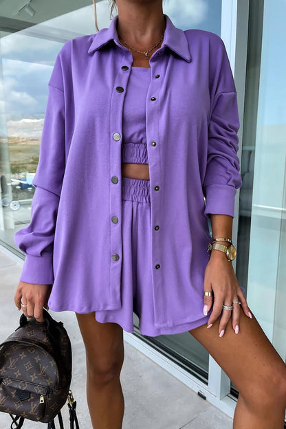 Vacation Pocket Turndown Collar Long Sleeve Two Pieces