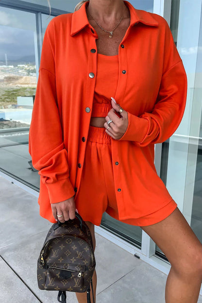Vacation Pocket Turndown Collar Long Sleeve Two Pieces
