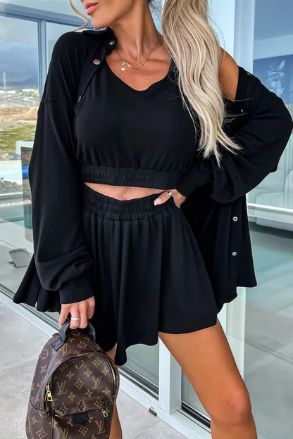 Vacation Pocket Turndown Collar Long Sleeve Two Pieces