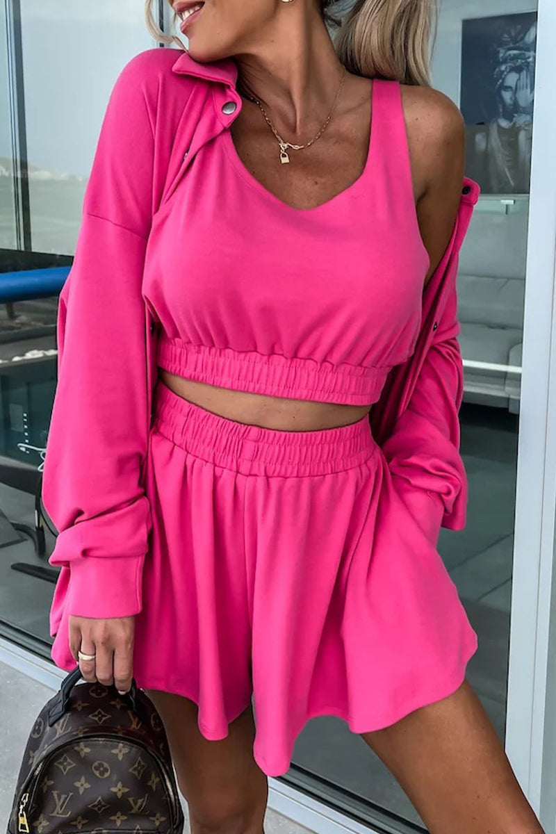 Vacation Pocket Turndown Collar Long Sleeve Two Pieces
