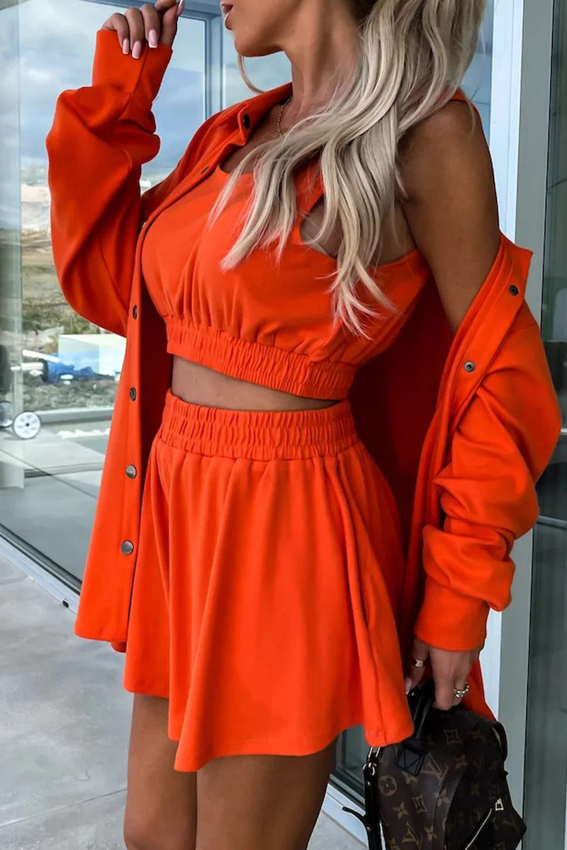 Vacation Pocket Turndown Collar Long Sleeve Two Pieces