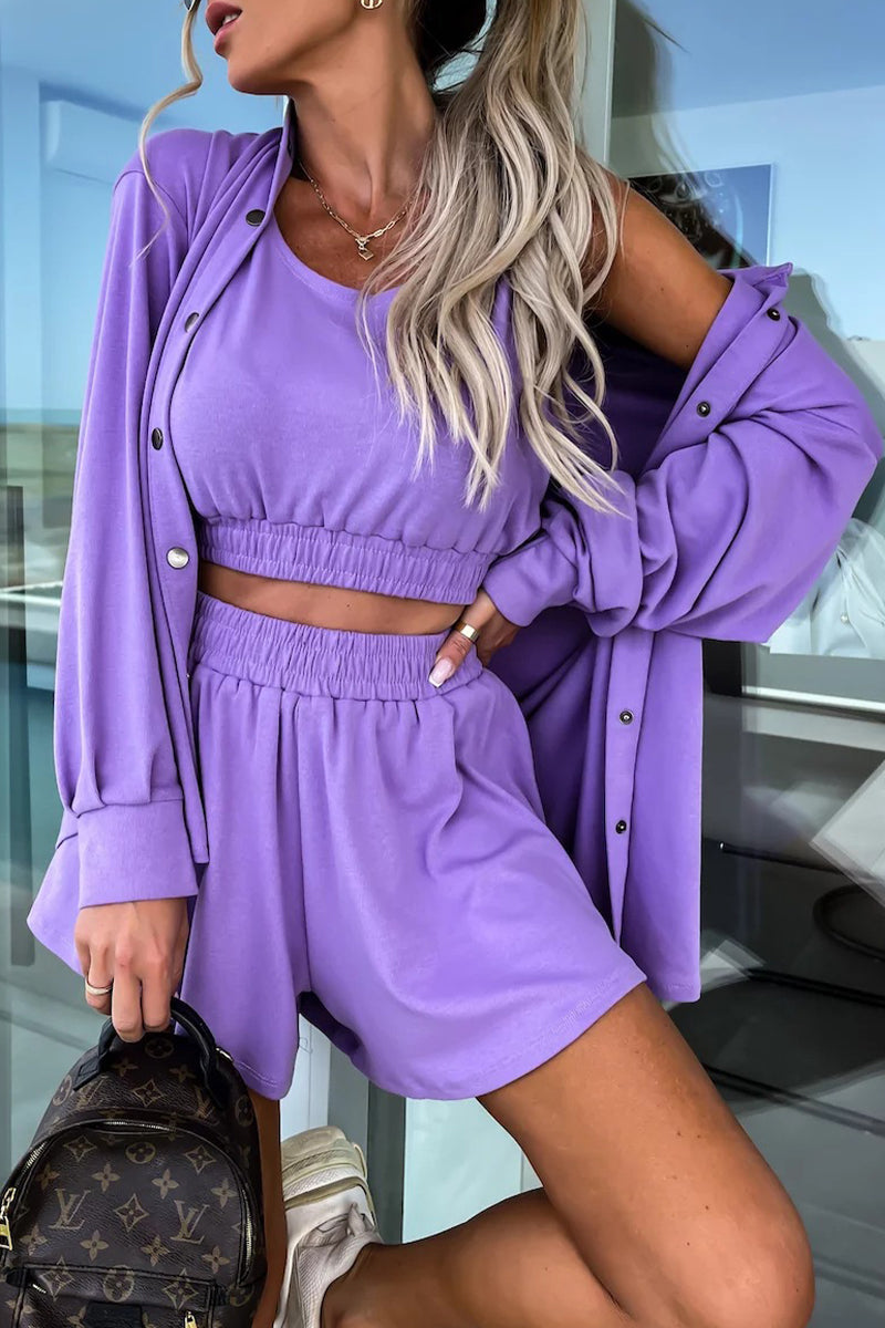 Vacation Pocket Turndown Collar Long Sleeve Two Pieces
