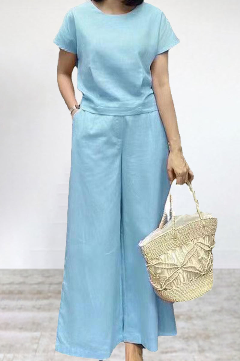 Pocket Color O Neck Short Sleeve Two Pieces
