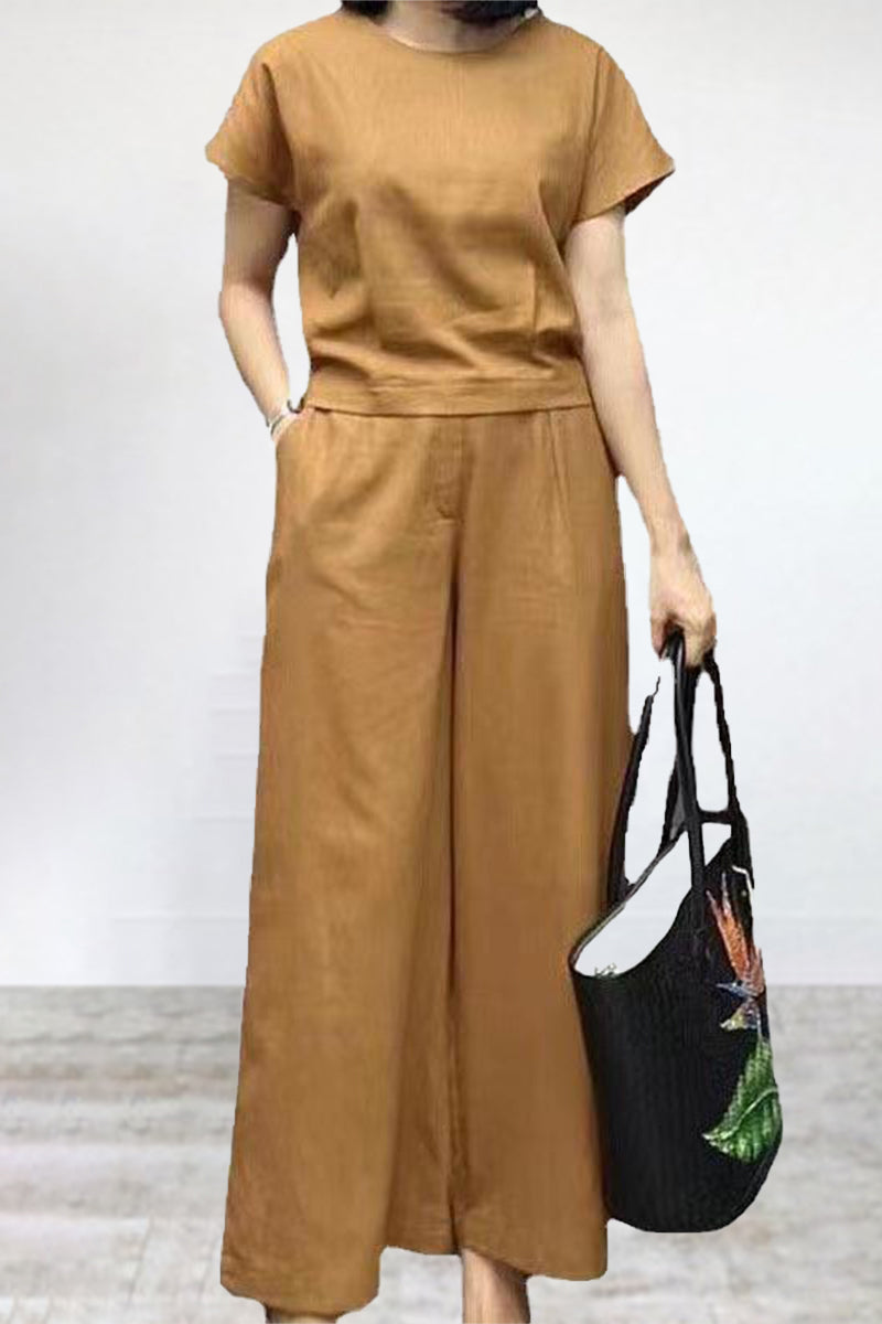 Pocket Color O Neck Short Sleeve Two Pieces