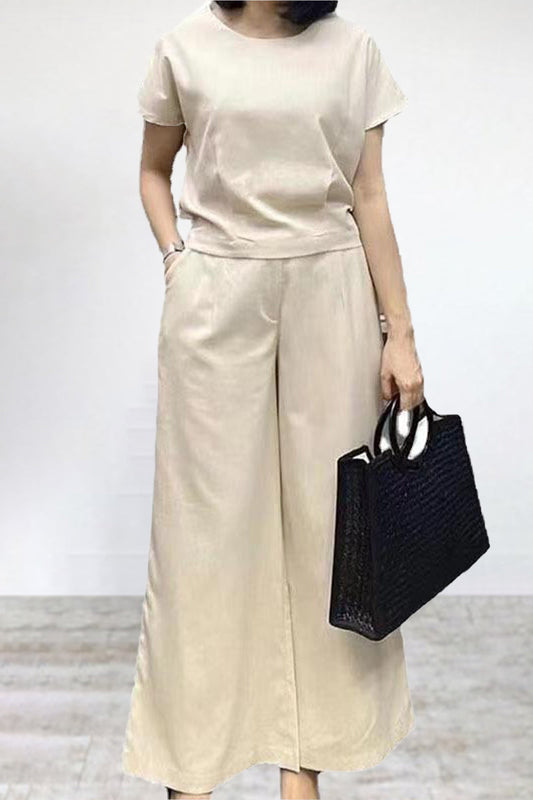 Pocket Color O Neck Short Sleeve Two Pieces
