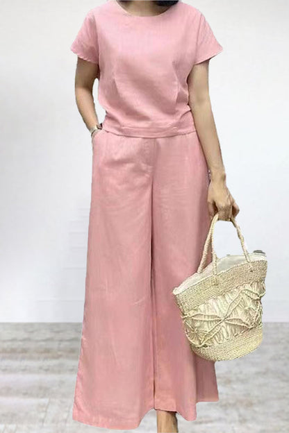 Pocket Color O Neck Short Sleeve Two Pieces