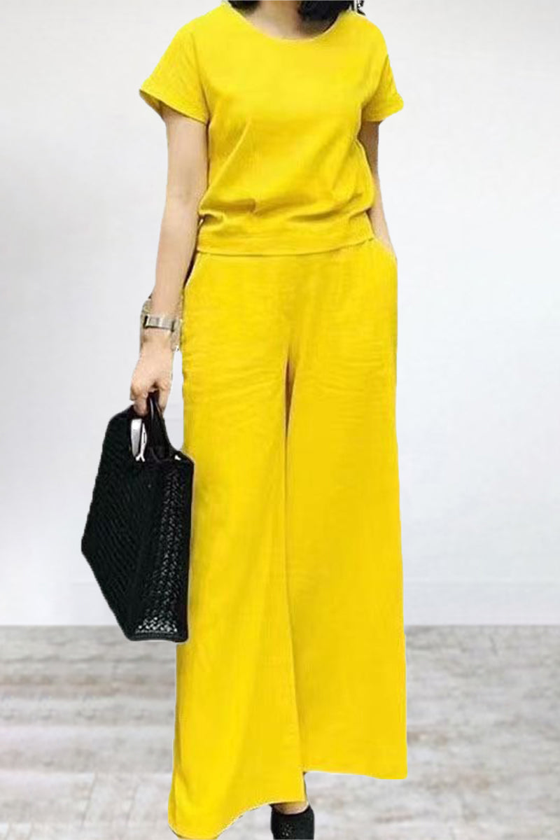 Pocket Color O Neck Short Sleeve Two Pieces