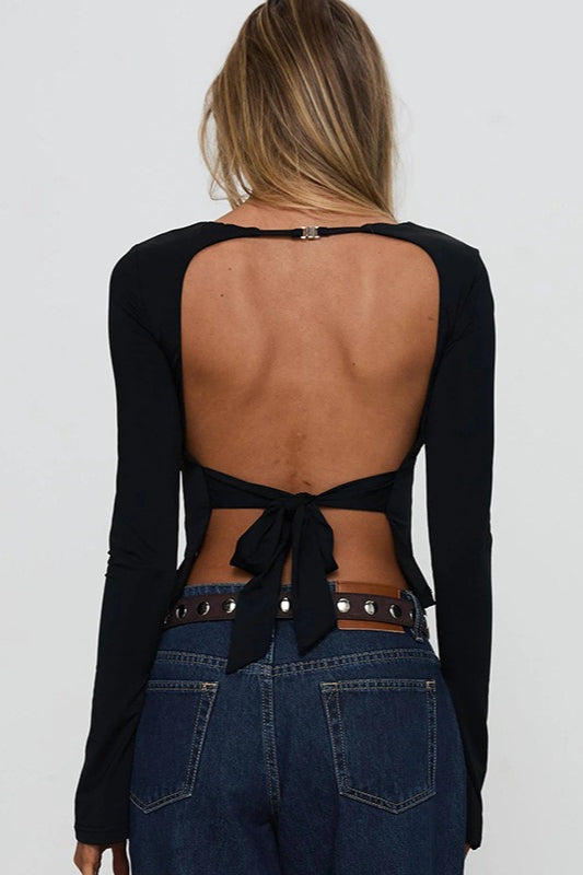 Back-tie Backless Long-sleeve Slim Blouse