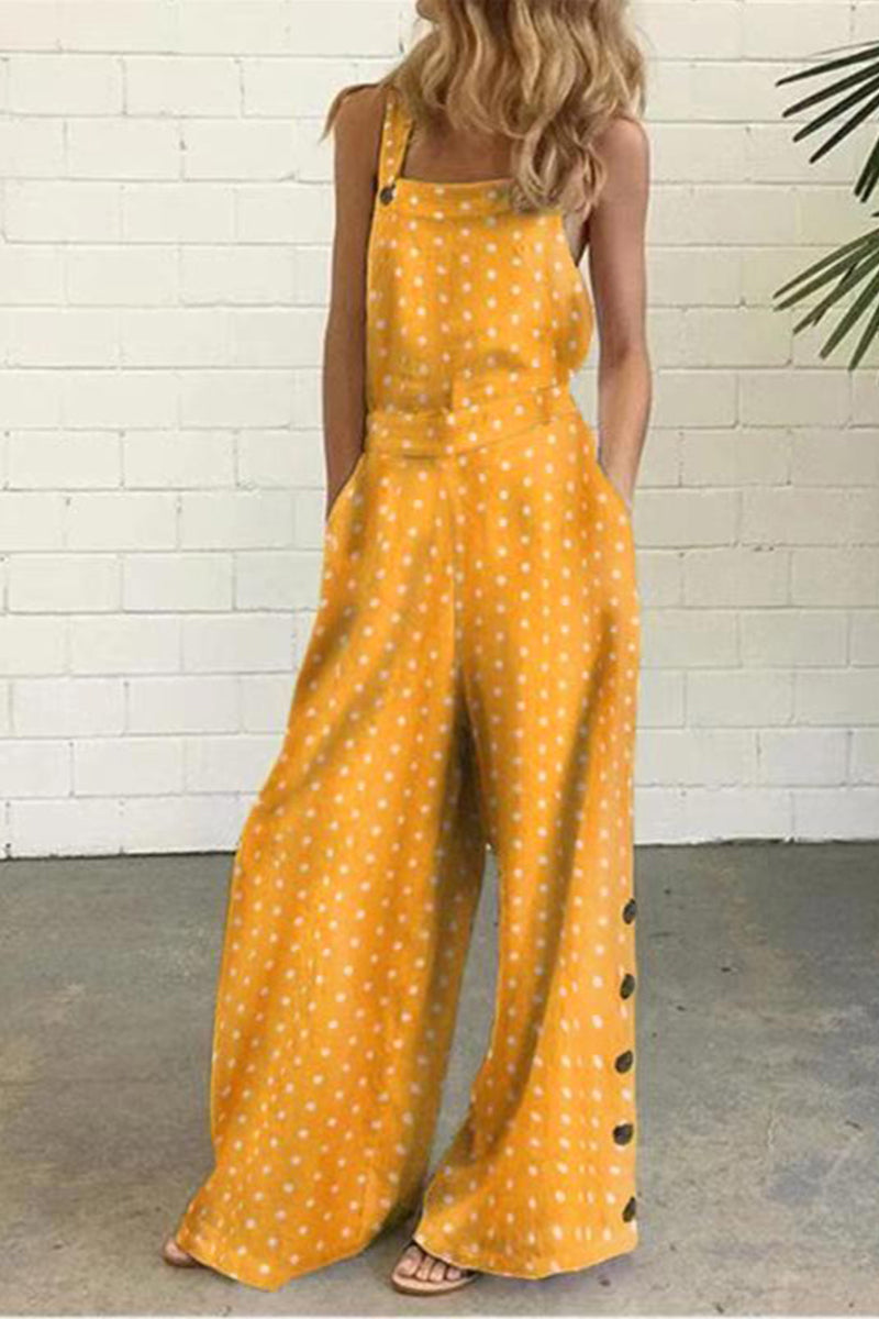 Dot Print Patchwork Square Collar Straight Jumpsuits