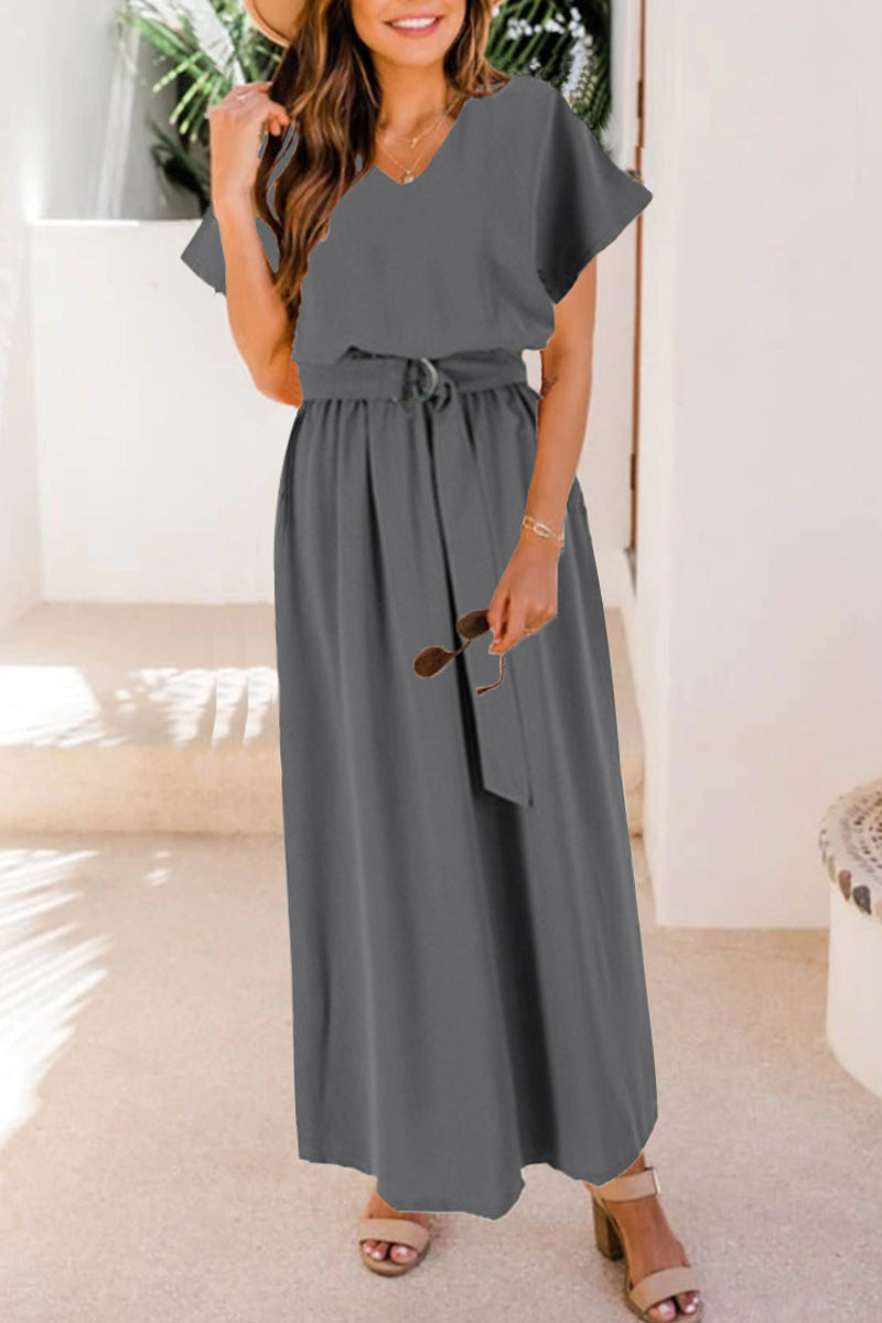 With Belt V Neck Waist Skirt Short Sleeve Dress(6 Colors)