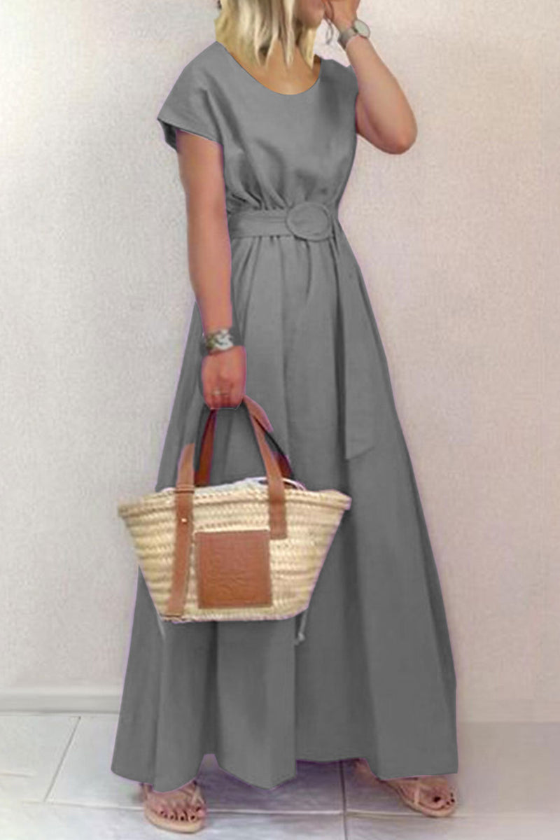 With Belt O Neck Waist Skirt Dresses
