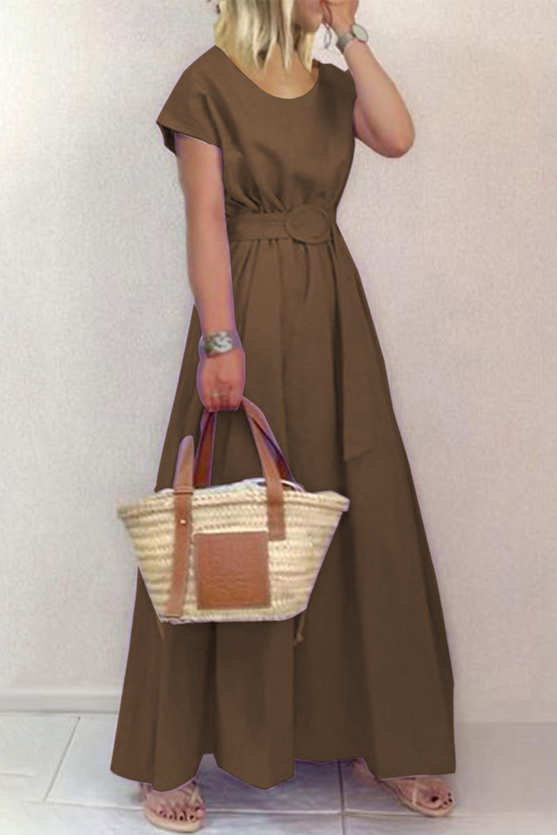 With Belt O Neck Waist Skirt Dresses