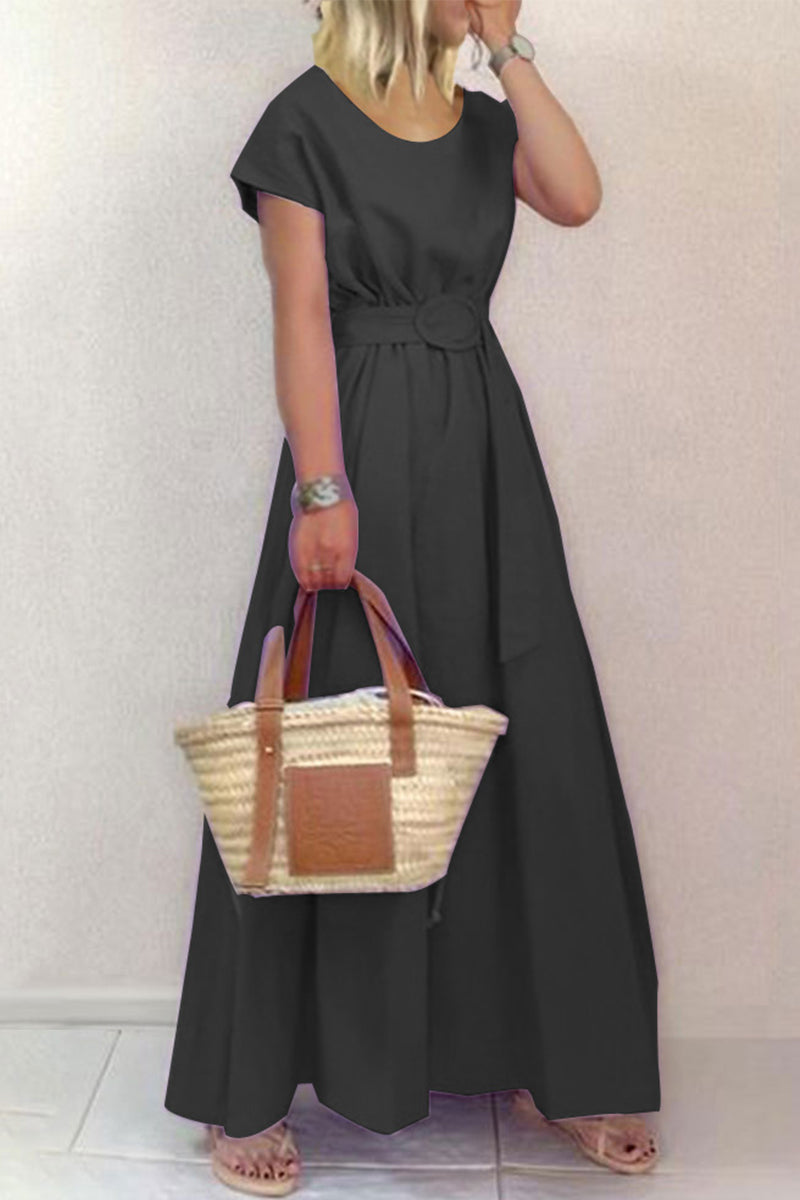 With Belt O Neck Waist Skirt Dresses