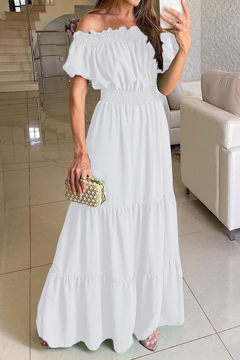 Color Off the Shoulder Waist Skirt Dresses