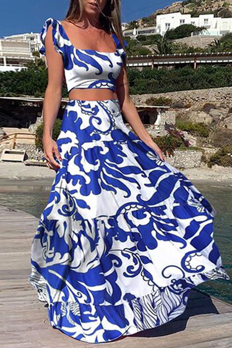 Vacation Print Patchwork Square Collar Sleeveless Two Pieces