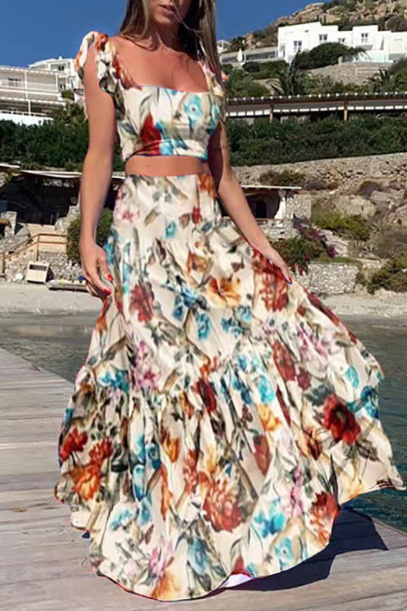 Vacation Print Patchwork Square Collar Sleeveless Two Pieces