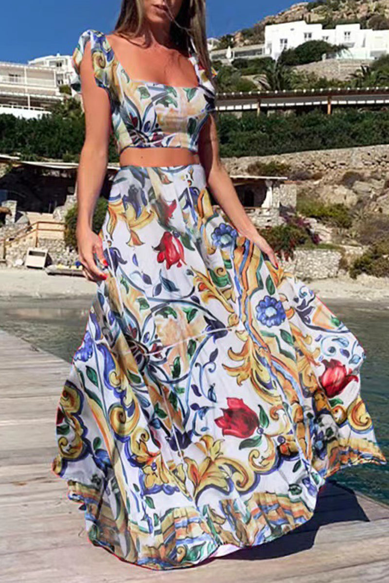 Vacation Print Patchwork Square Collar Sleeveless Two Pieces