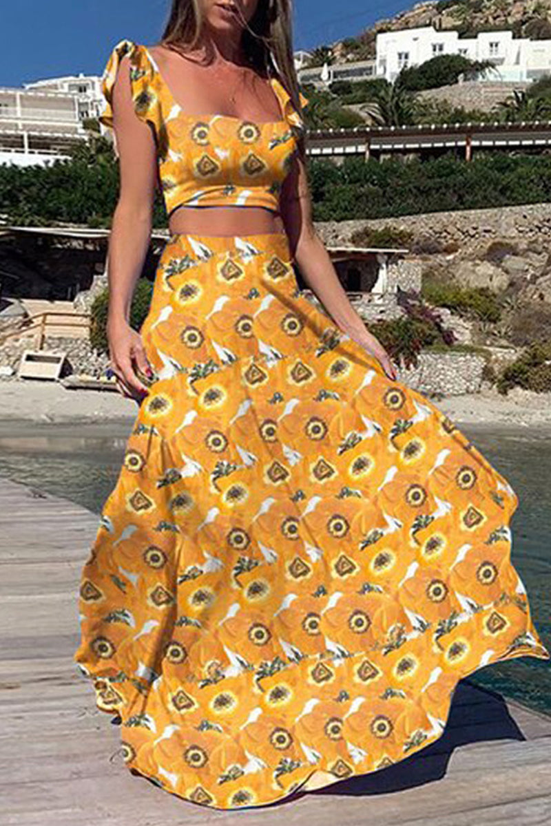 Vacation Print Patchwork Square Collar Sleeveless Two Pieces