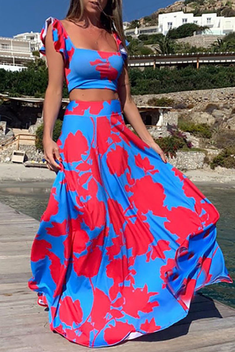 Vacation Print Patchwork Square Collar Sleeveless Two Pieces