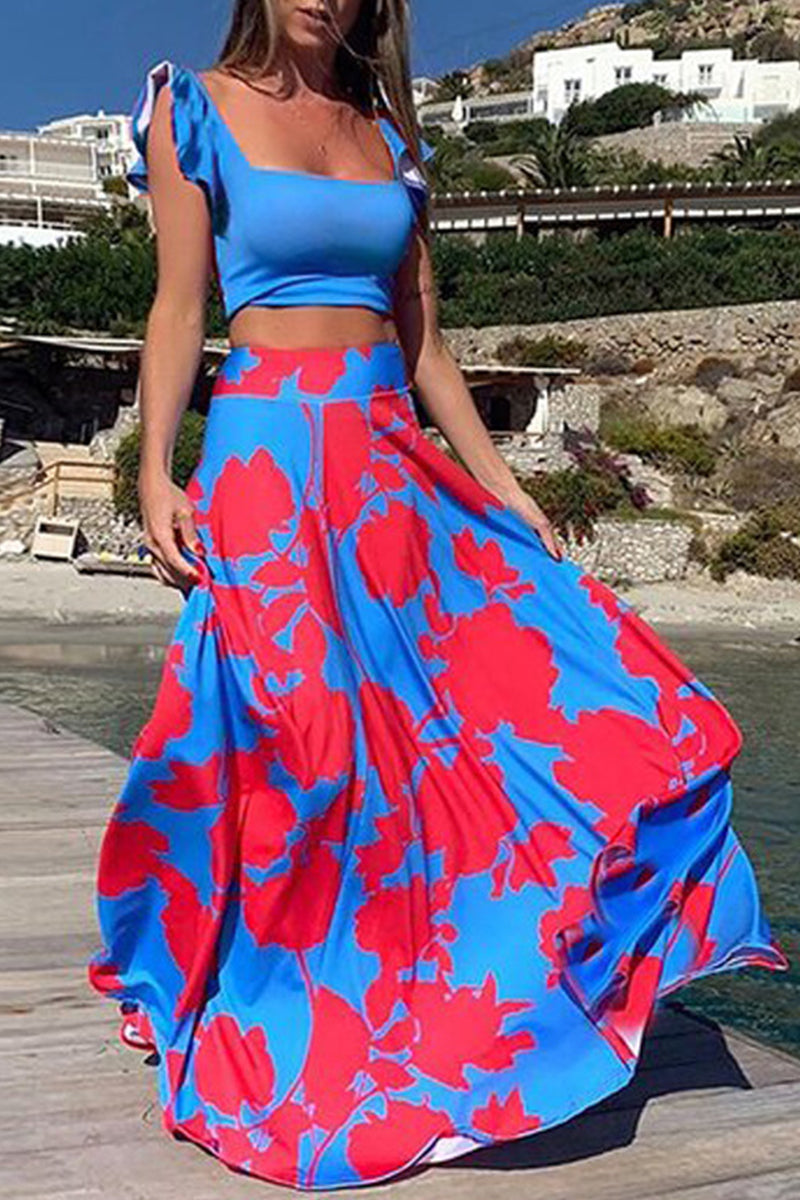 Vacation Print Patchwork Square Collar Sleeveless Two Pieces