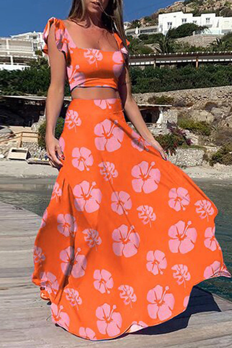 Vacation Print Patchwork Square Collar Sleeveless Two Pieces