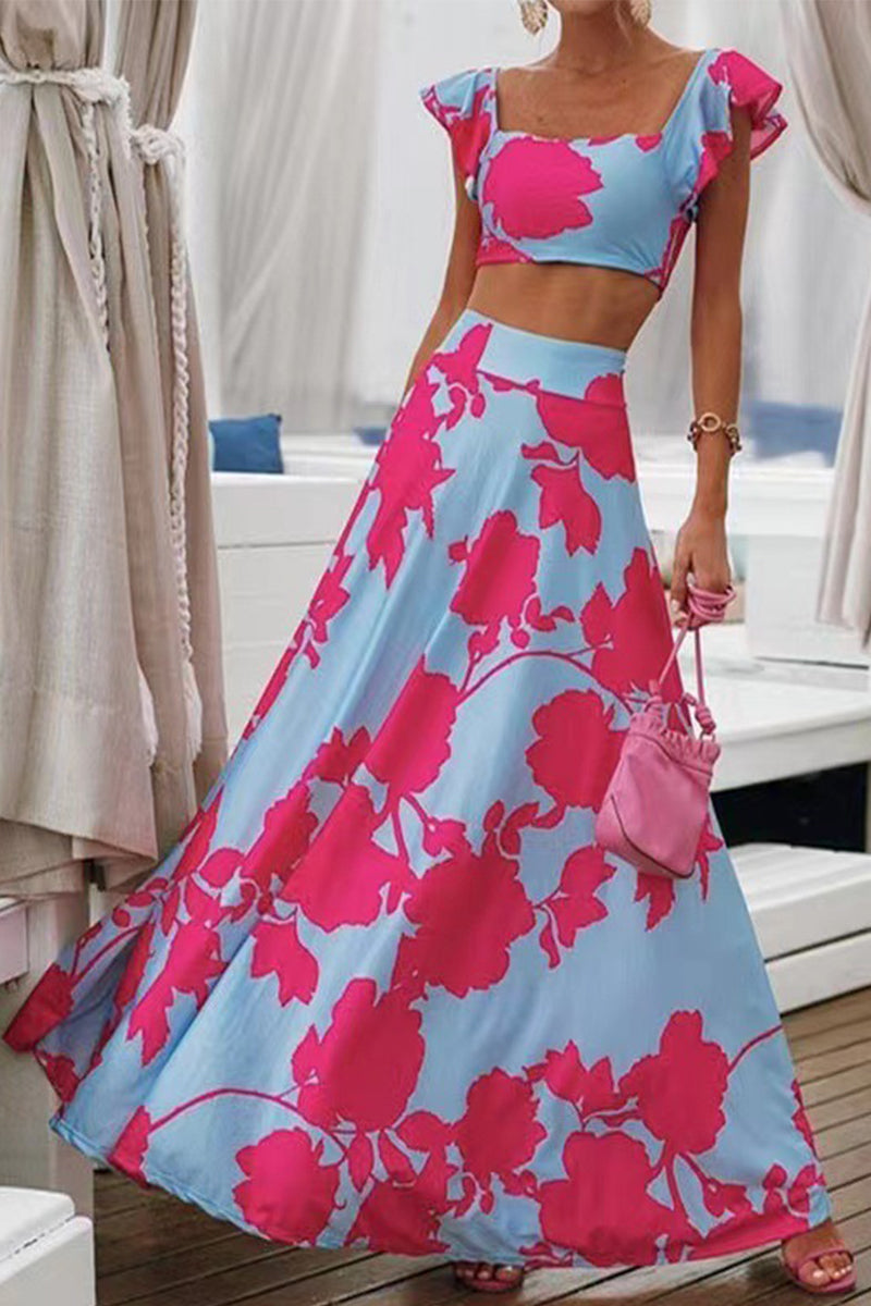 Vacation Print Patchwork Square Collar Sleeveless Two Pieces