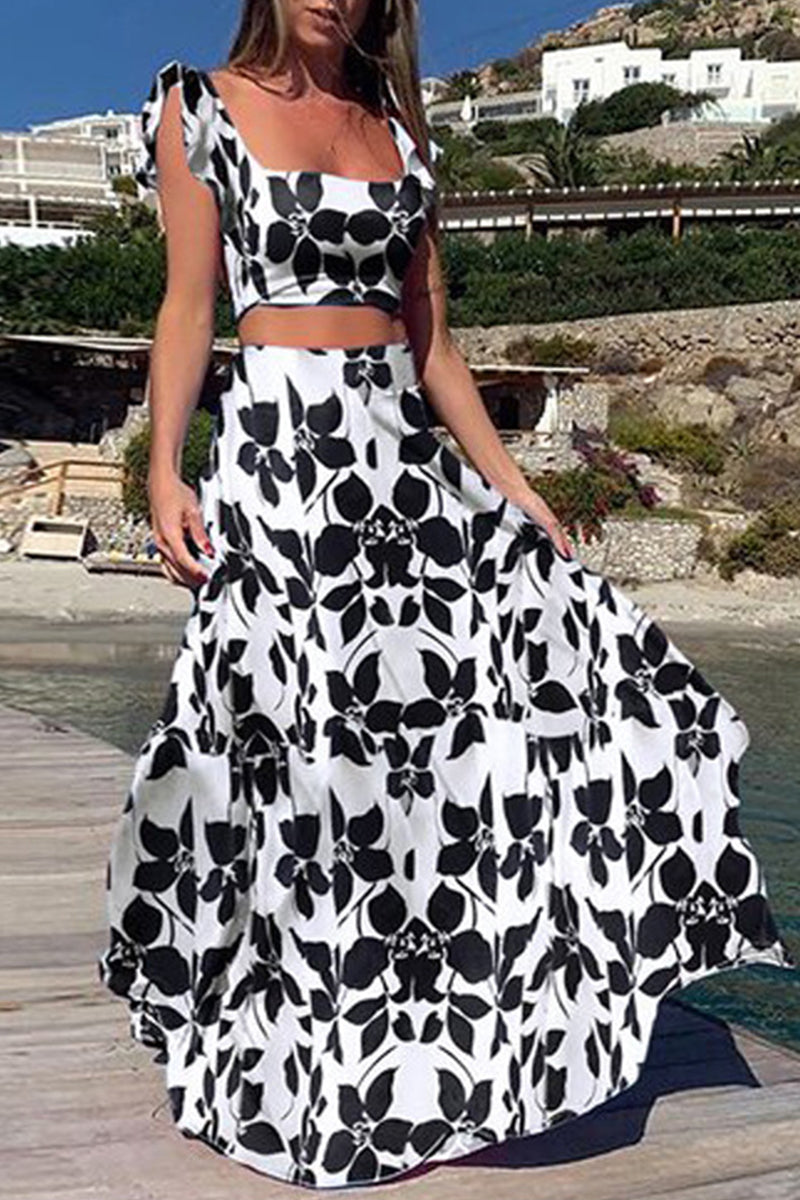 Vacation Print Patchwork Square Collar Sleeveless Two Pieces